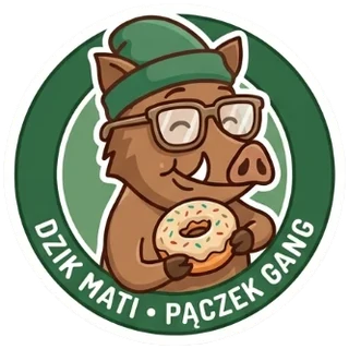 Naklejka: dzik w czapce i okularach z pączkiem, Mati